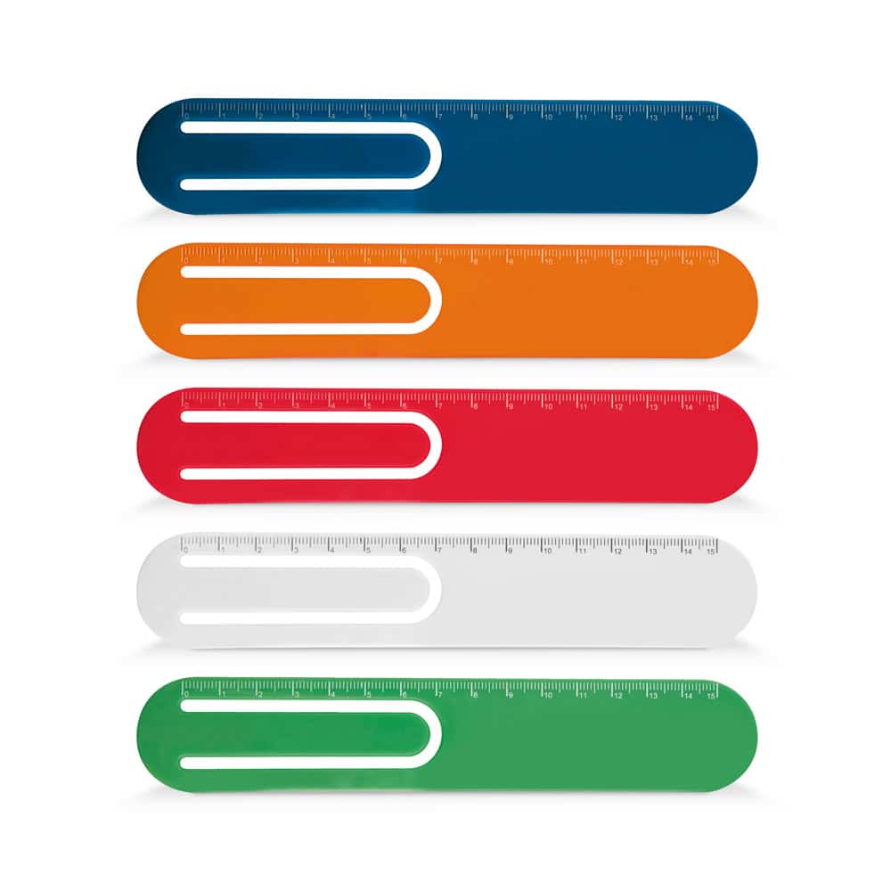 Régua com escala de 15 cm impressa, cantos redondos e com clipe. 174 x 31 x 2 mm