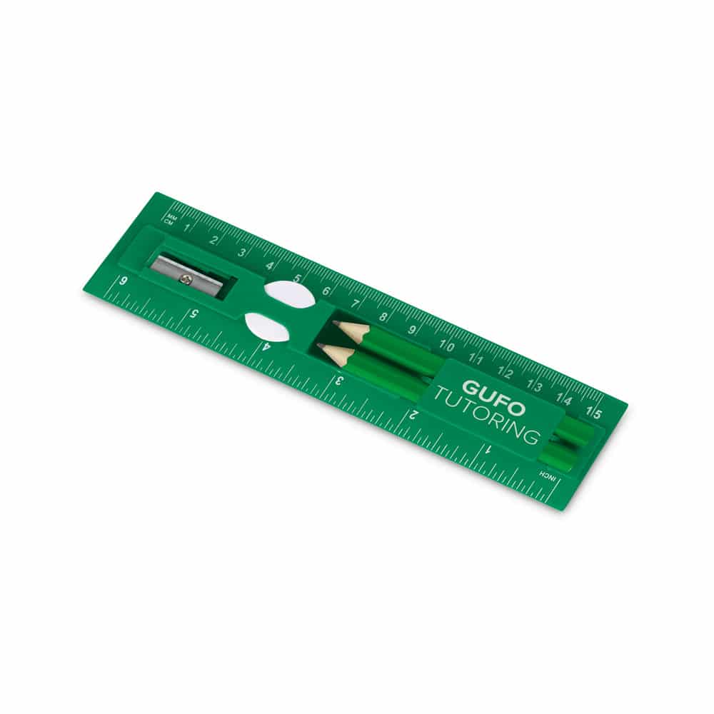 Kit de escrita em PS. Incluso régua de 15 cm, 2 mini lápis, 1 borracha e 1 apontador. Régua: 157 x 42 x 15 mm - Imagem 2