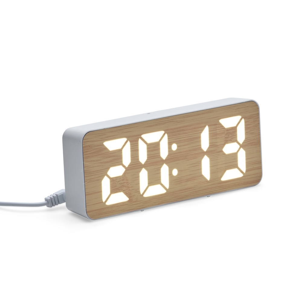 RELÓGIO DESPERTADOR PLÁSTICO E BAMBU COM PAINEL LED SPX-18943-BCO NA COR BRANCO
